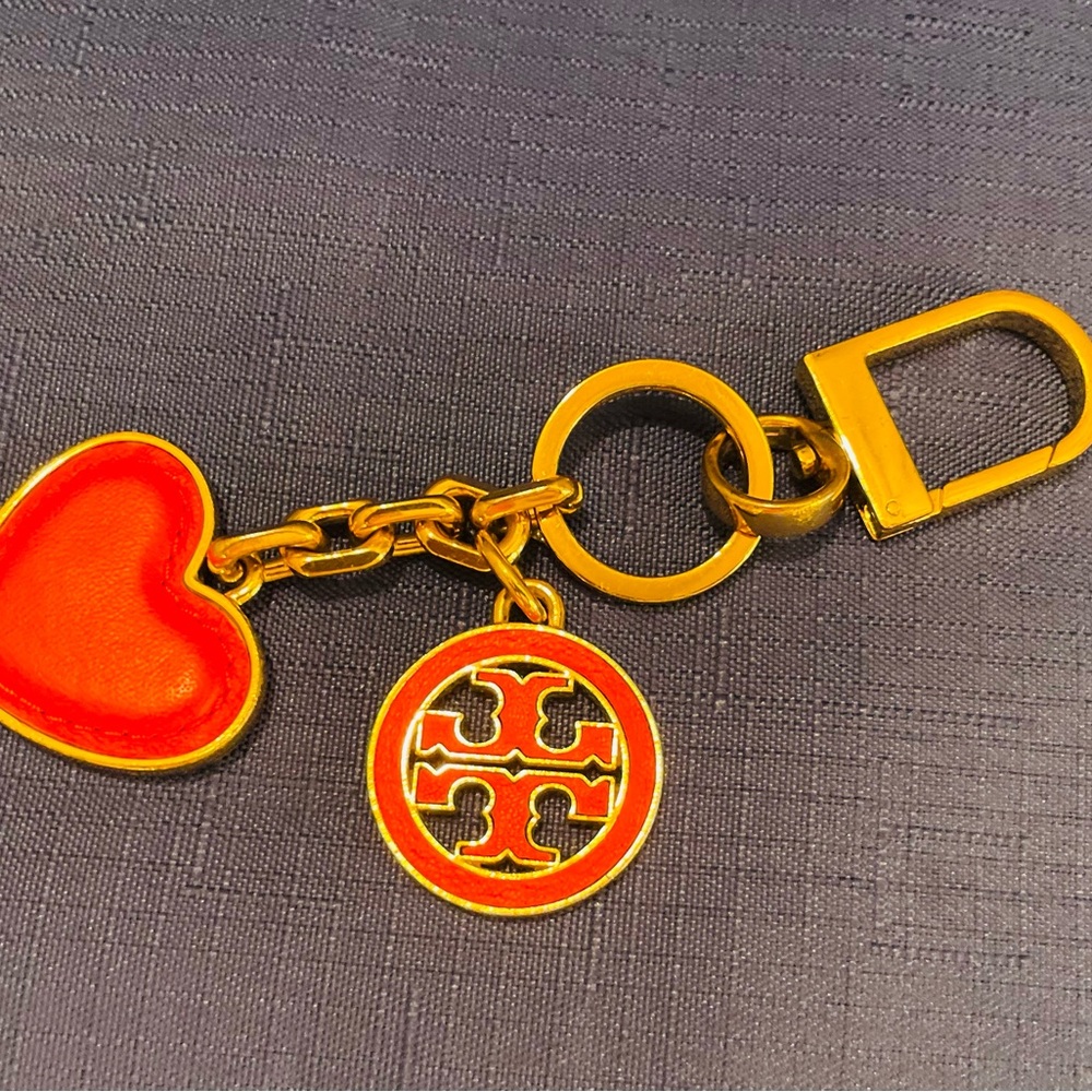 Tory Burch Red Heart and Gold Logo Keychain